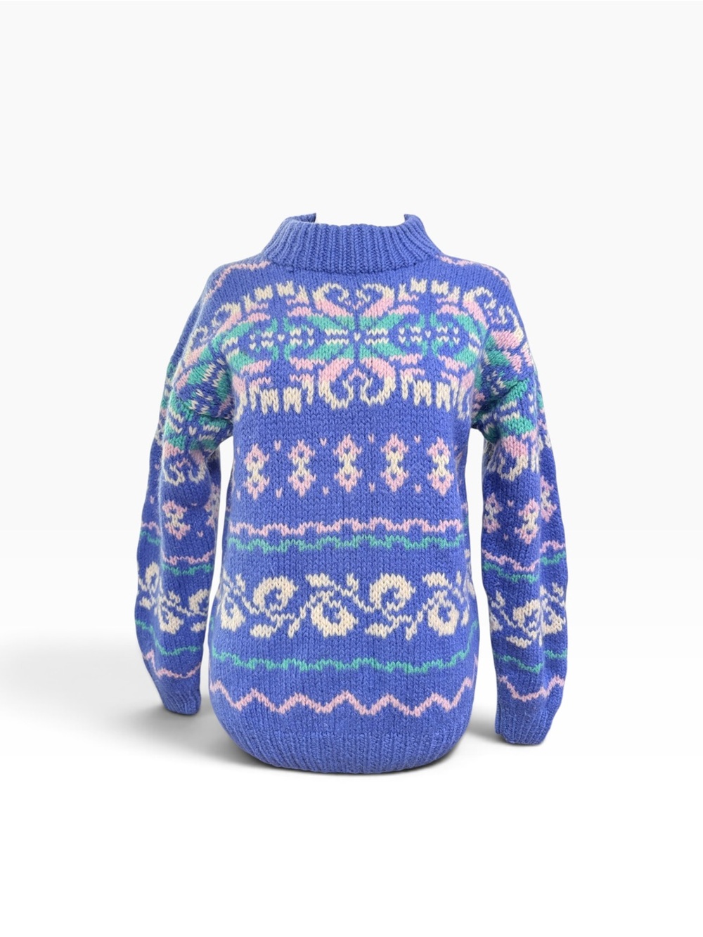 Vintage 90s CABIN FEVER Fair Isle Pastel Blue Ski Sweater 100% Wool Mock Neck M
